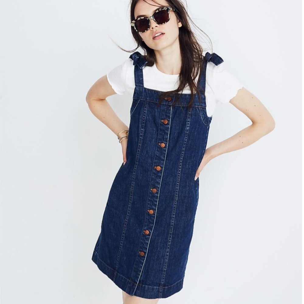 Madewell Denim Button Down Tank Dress with Bow Tie Sleeves
